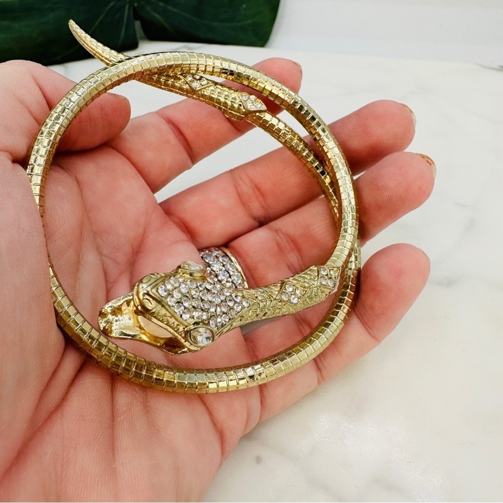 Snake Bracelet Pearl In Mouth Rhinestone Head Coiled Gold-tone Serpent Bracelet - Picture 4 of 13